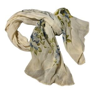Vintage Silk Chiffon Floral Hand Rolled Scarf Ivory with Blue Flowers Rectangle